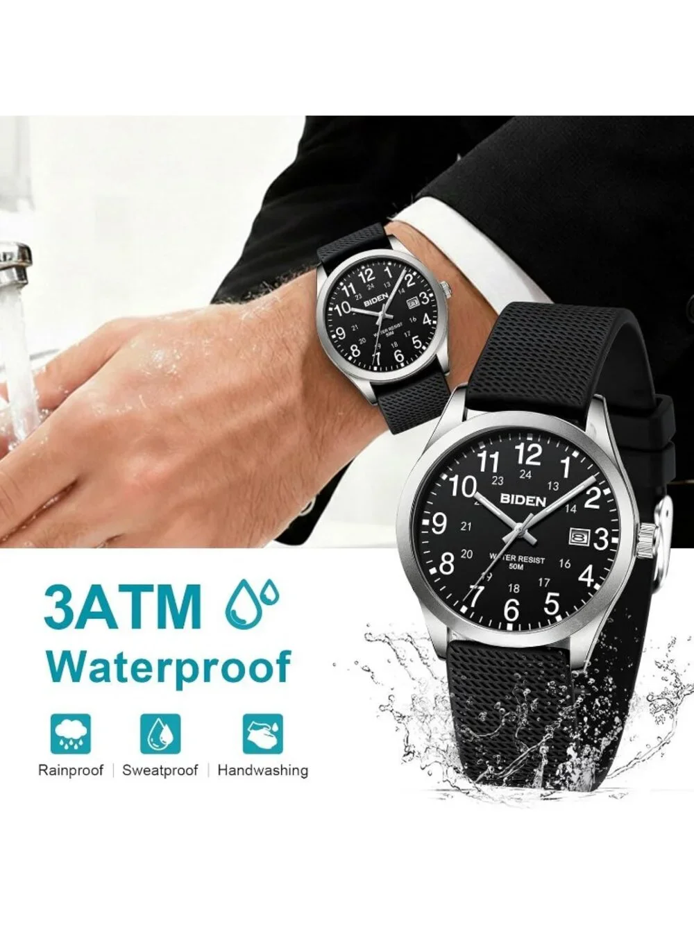 Men's Black And Silver Analog Expansion Band Easy Reader Waterproof Wrist Watch